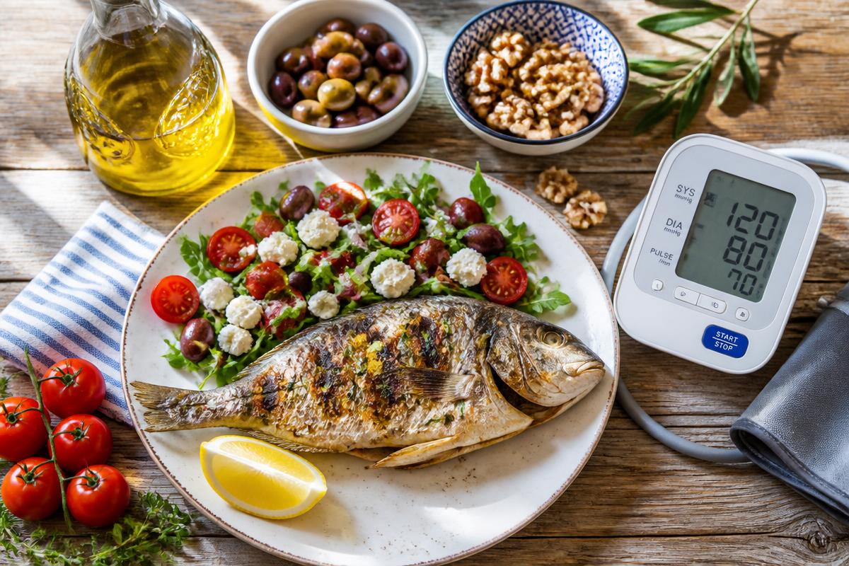 Mesa con comida mediterránea saludable y un tensiómetro doméstico